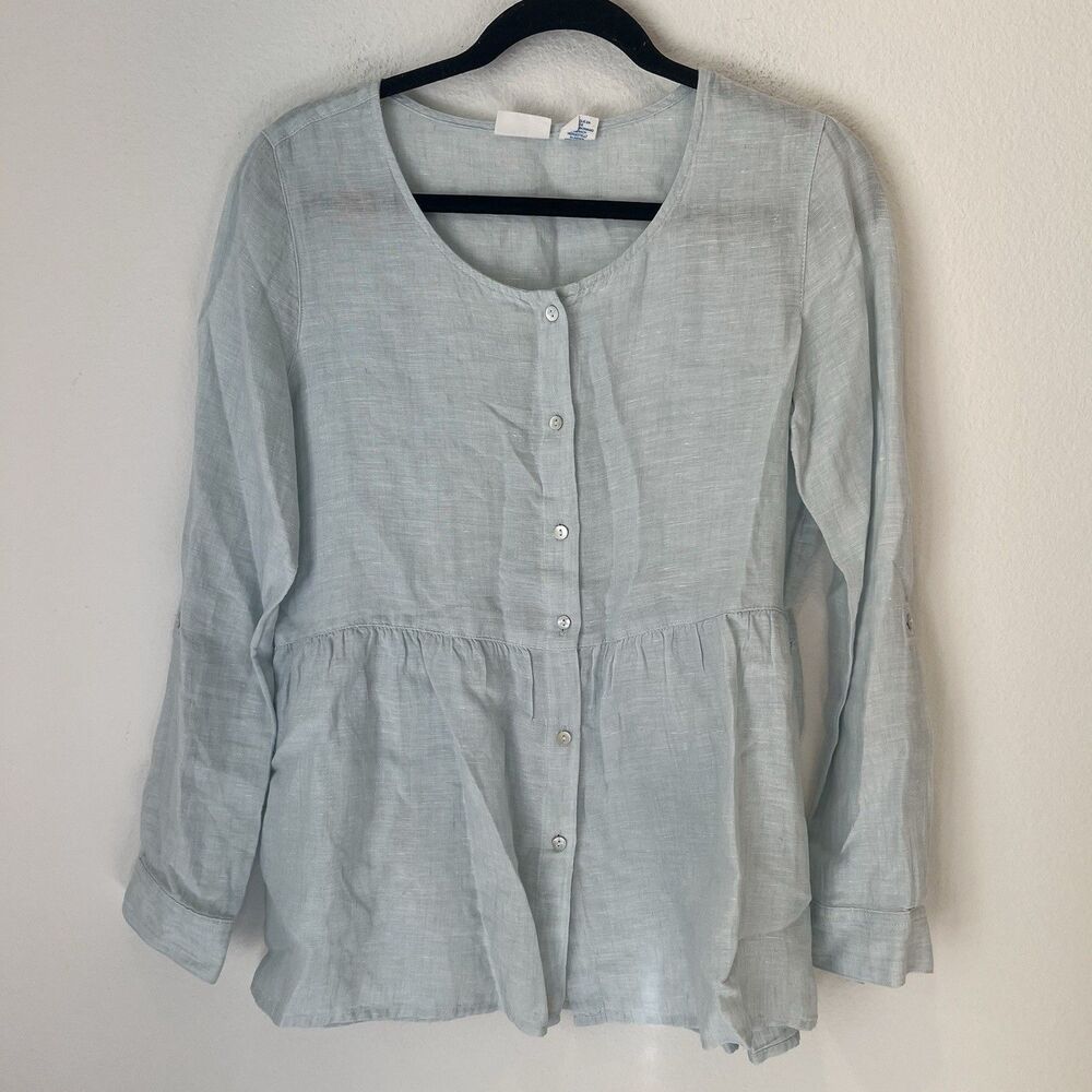 Sigrid Olsen Linen Shirt Top Womens Roll Tab Sleeve Oversize S Boho Modest
